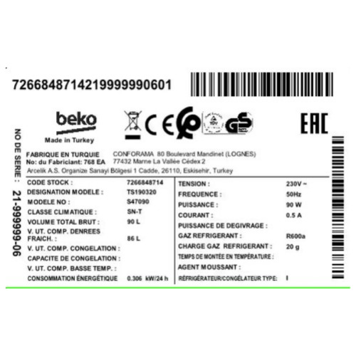Réfrigérateur bar Beko TS190320 - 90L - A+