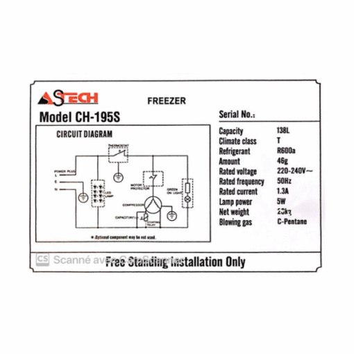 Congélateur horizontal Astech CH-195S- 138L