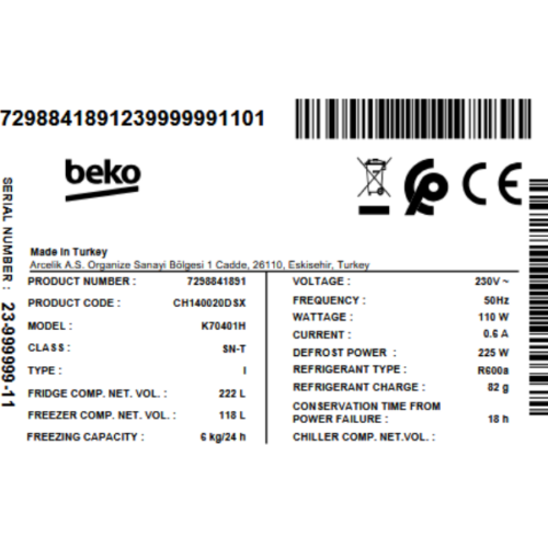 Réfrigérateur combiné Beko CH140020DSX - 340L - MinFrost
