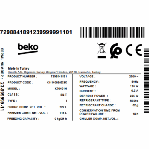 Réfrigérateur combiné Beko CH140020DSX - 340L - MinFrost