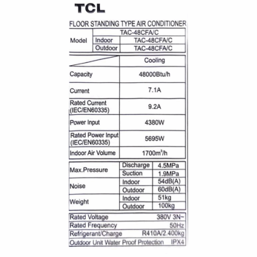 Split armoire TCL- TAC48CFA/C- 48000 BTU