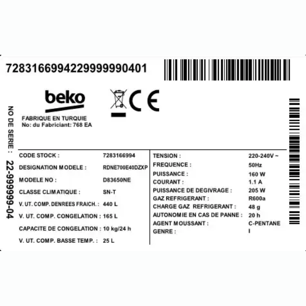 Réfrigérateur Beko RDNE700E40DZXP - 630 L - NoFrost Réfrigérateur Beko RDNE700E40DZXP - 630 L - NoFrost
