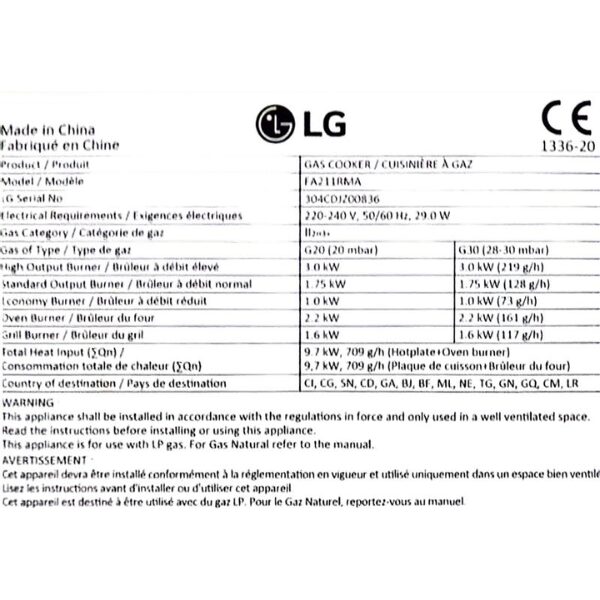 Cuisinière à gaz LG FA211RMA 60x60 - 4 feux Cuisinière à gaz LG FA211RMA 60x60 - 4 feux