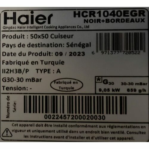 Cuisinière à gaz Haier HCR1040EGR - 4 feux - 50X50