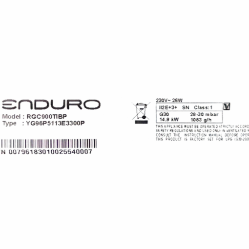 Cuisinière à gaz Enduro RGC900TIBP5 90x60 -5 FEUX