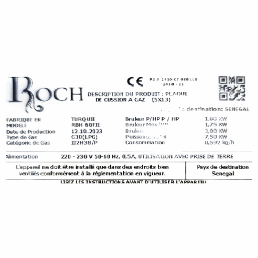 Plaque de cuisson à gaz Roch RBH60FIE -SHINY - 4 feux