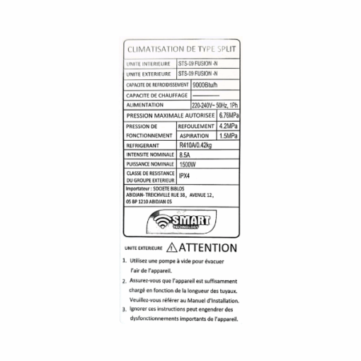 Split Smart Technology STS-09 - 9000 BTU - GAZ 410