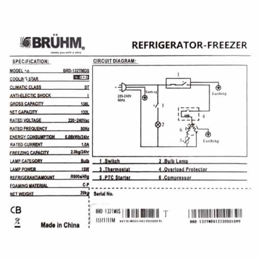 réfrigérateur 2 PORTES -Bruhm-BRD-132TMDS-132L