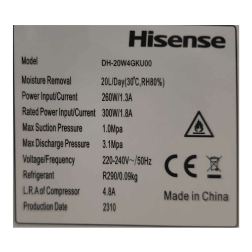 Déshumidificateur d'air Hisense -DH-20W4GKU-4.2L