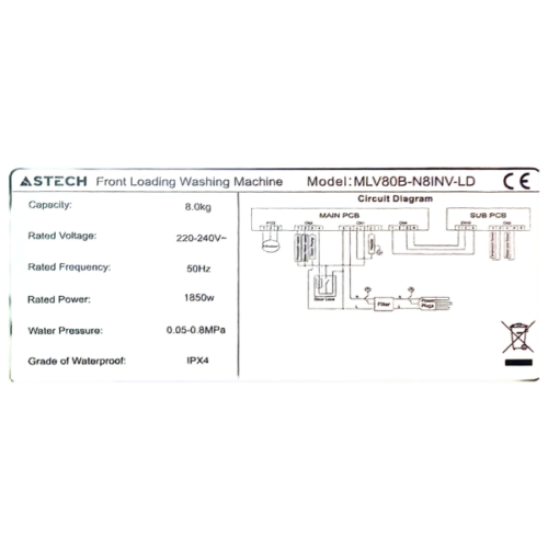 Machine à laver Astech MLV80B-N8INV-LC - 8kg (Inverter)