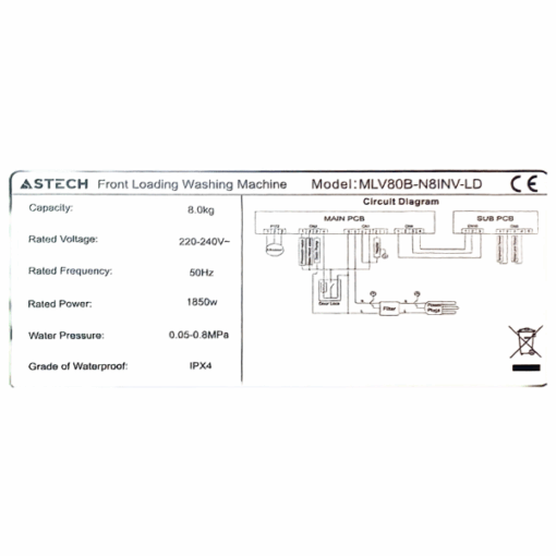 Machine à laver Astech MLV80B-N8INV-LC - 8kg (Inverter)
