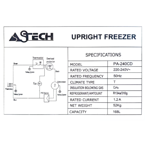 Congélateur Vertical ASTECH PA240S- 240L-8T(Plaque alu)