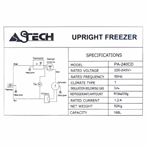 Congélateur Vertical ASTECH PA240S- 240L-8T(Plaque alu)