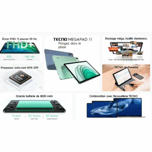 Tablette TECNO MegaPad 11" - 128Go - RAM 8Go-8000 mAh
