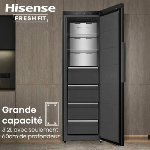 Congélateur Vertical Hisense FT5K310GSFC – 312L, 4 tiroirs,  No Frost, Inverter, Connecté WiFi & FreshFit
