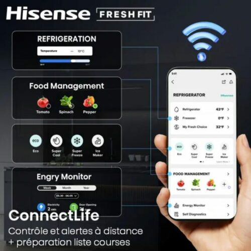 Réfrigérateur 1 Porte Hisense RL5K370GSFC – 372L, FreshFit, No Frost, Inverter & Connecté WiFi