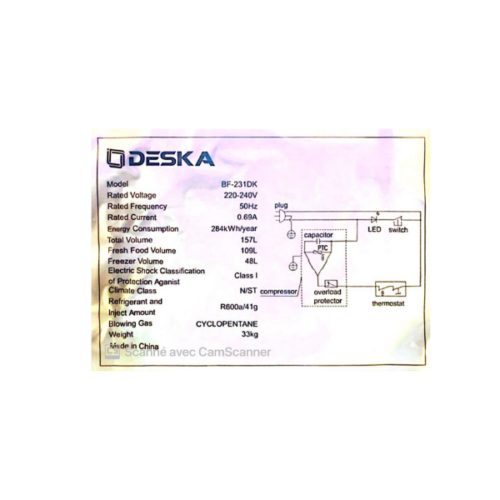 Réfrigerateur combiné congélation bas Deska BF231DK-157 litres 3 tiroirs Defrost A+
