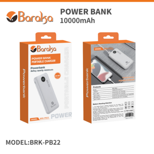 Power Bank-Baraka BRK-PB22 Blanc (10000MAH) (Haute Capacité pour Smartphones et Tablettes)