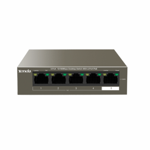 Switch Tenda TEF1105P-4-63W – 5 Ports Fast Ethernet 10/100 Mbps, Dont 4 Ports PoE+, Budget 58W, Plug & Play