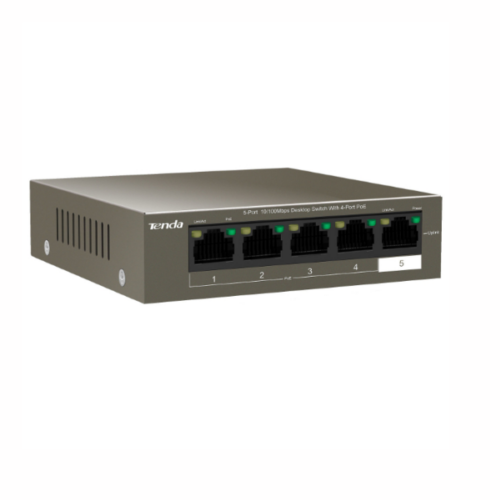 Switch Tenda TEF1105P-4-63W – 5 Ports Fast Ethernet 10/100 Mbps, Dont 4 Ports PoE+, Budget 58W, Plug & Play