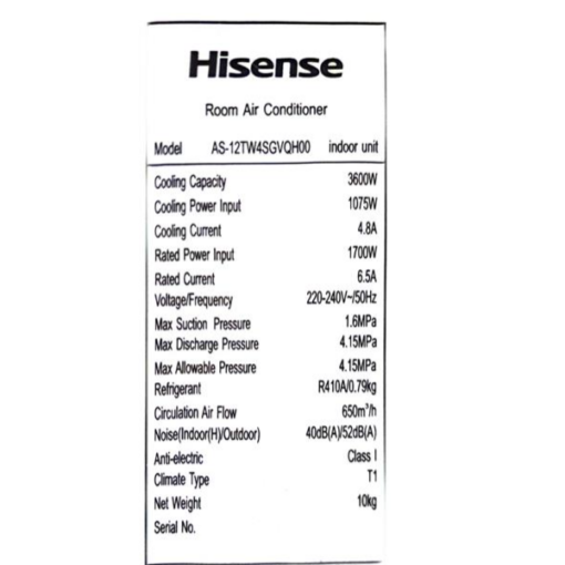 Split Inverter Hisense AS-12TW4SGVQE - 12000 BTU (Wi-Fi, Noir Élégant, A++)