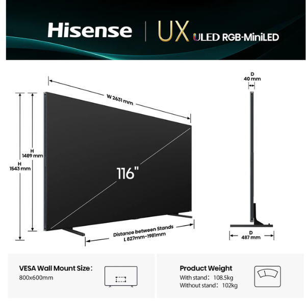 Téléviseur Hisense 116UX ULED 4K – RGB Mini-LED, Quantum Dot, 116" (Google tv) Téléviseur Hisense 116UX ULED 4K – RGB Mini-LED, Quantum Dot, 116" (Google tv)