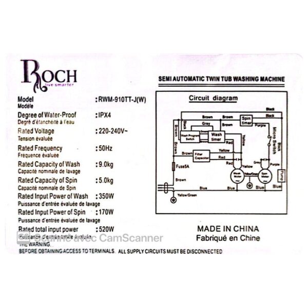 Machine à laver Semi-automatique Roch RWM-910TT-J(W) 9Kg/ 11Kg/ 12Kg/ 14Kg Machine à laver Semi-automatique Roch RWM-910TT-J(W) 9Kg/ 11Kg/ 12Kg/ 14Kg