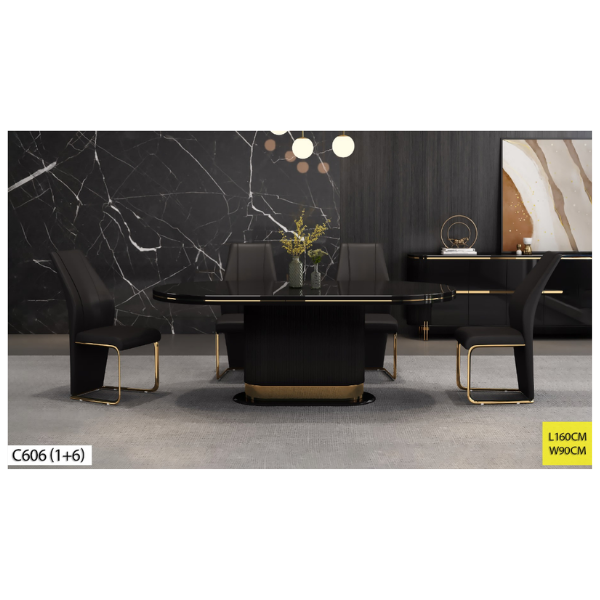 Table à Manger C606 Ovale Noir/Doré 1+6 — L160 x W90 cm Table à Manger C606 Ovale Noir/Doré 1+6 — L160 x W90 cm