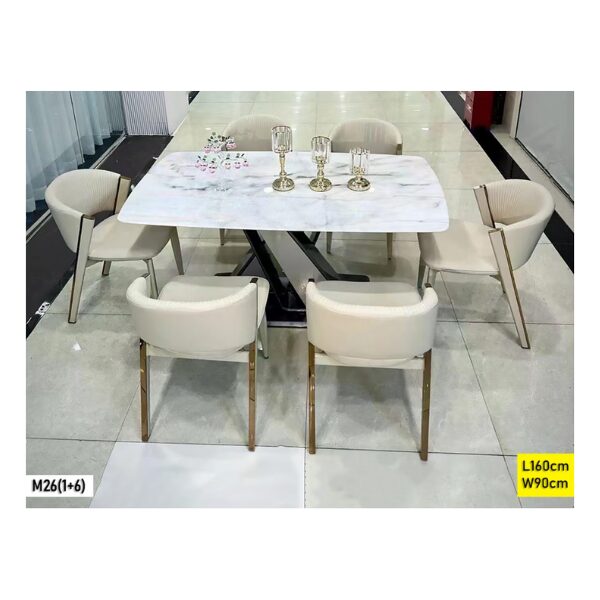 Table à Manger M26 Marbre Blanc Pieds Dorés 1+6 — L160 x W90 cm Table à Manger M26 Marbre Blanc Pieds Dorés 1+6 — L160 x W90 cm