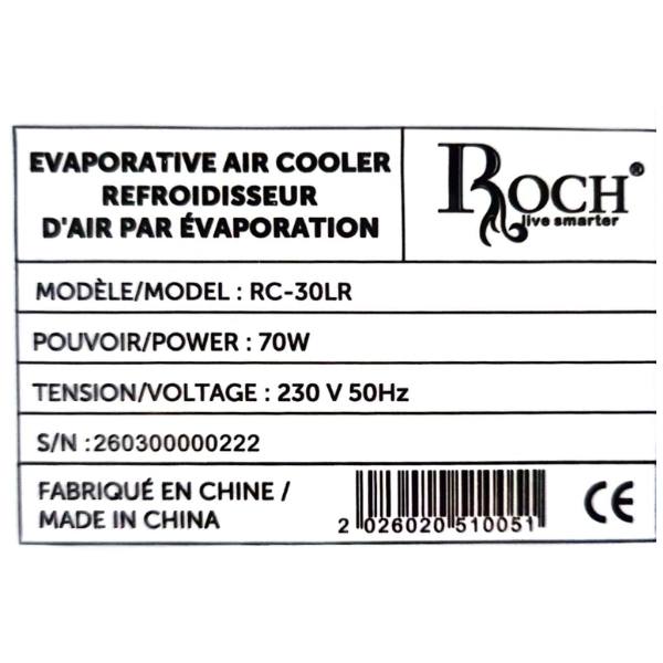 Refroidisseur d'Air Roch RC-30LR (30L) | Ventilateur à Eau Blanc Refroidisseur d'Air Roch RC-30LR (30L) | Ventilateur à Eau Blanc