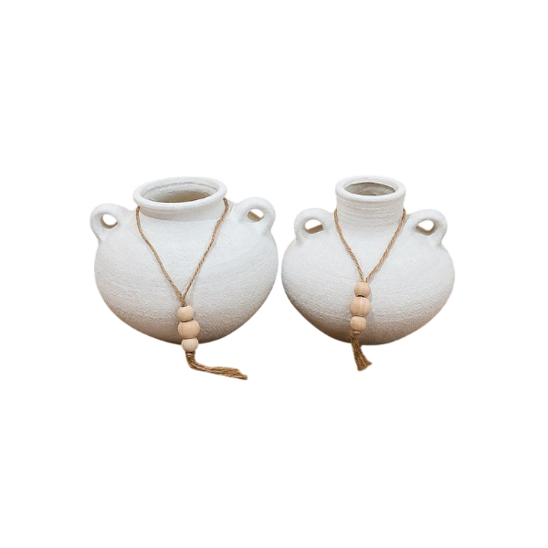 Vase décoratif blanc HT5303W+HT5302W avec cordage et perles Vase décoratif blanc HT5303W+HT5302W avec cordage et perles