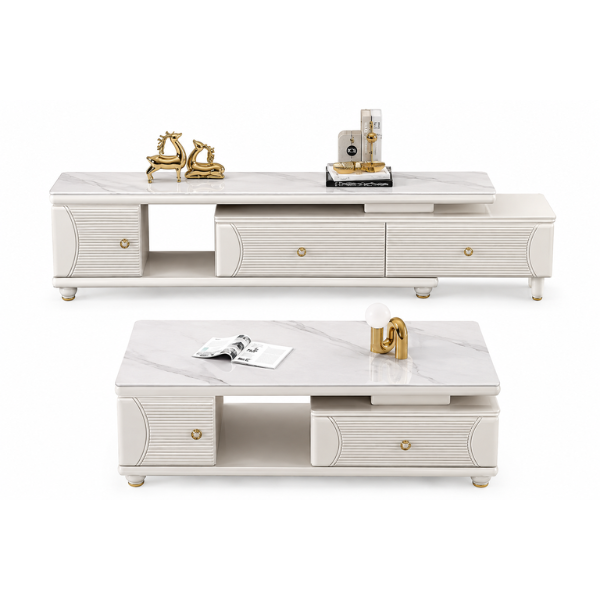 Ensemble meuble TV + table basse – TV453+453 (Blanc effet marbre & doré) Ensemble meuble TV + table basse – TV453+453 (Blanc effet marbre & doré)