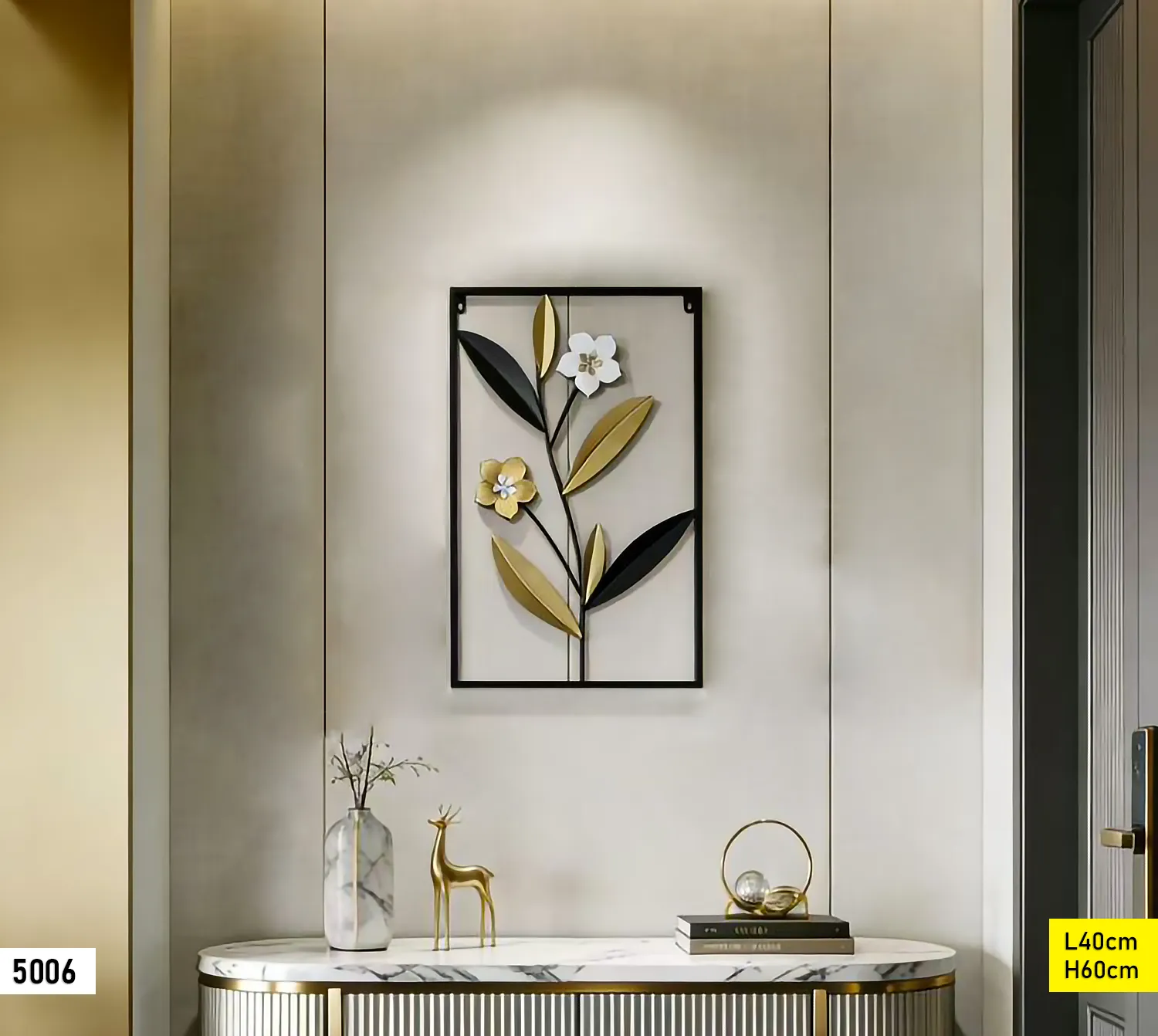 Deco mural métal floral vertical noir blanc or – 5006 5006-2 Deco mural métal floral vertical noir blanc or – 5006 5006-2