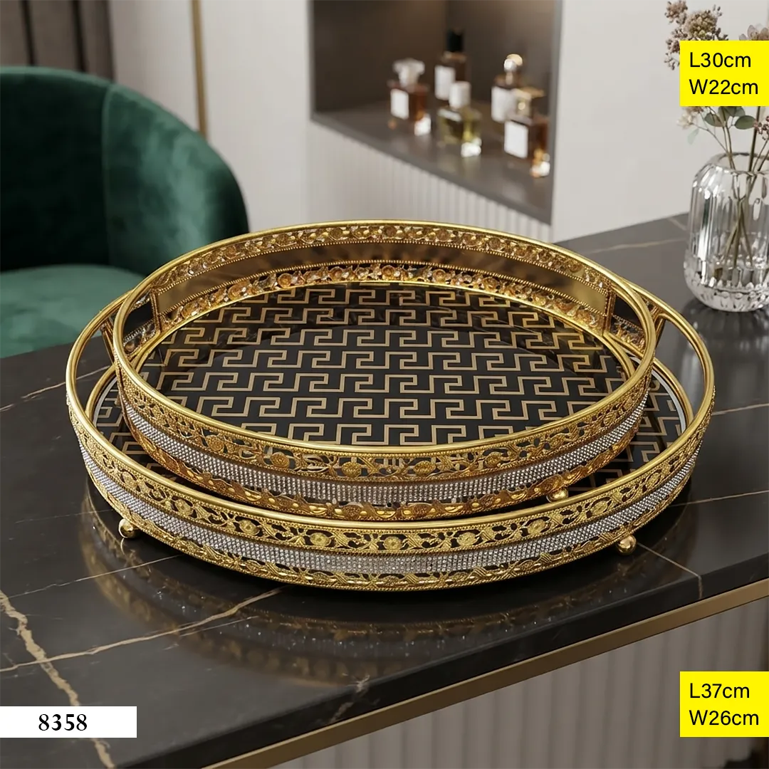 Ensemble de plateaux décoratifs rond miroir et métal doré 8358 Ensemble de plateaux décoratifs rond miroir et métal doré 8358