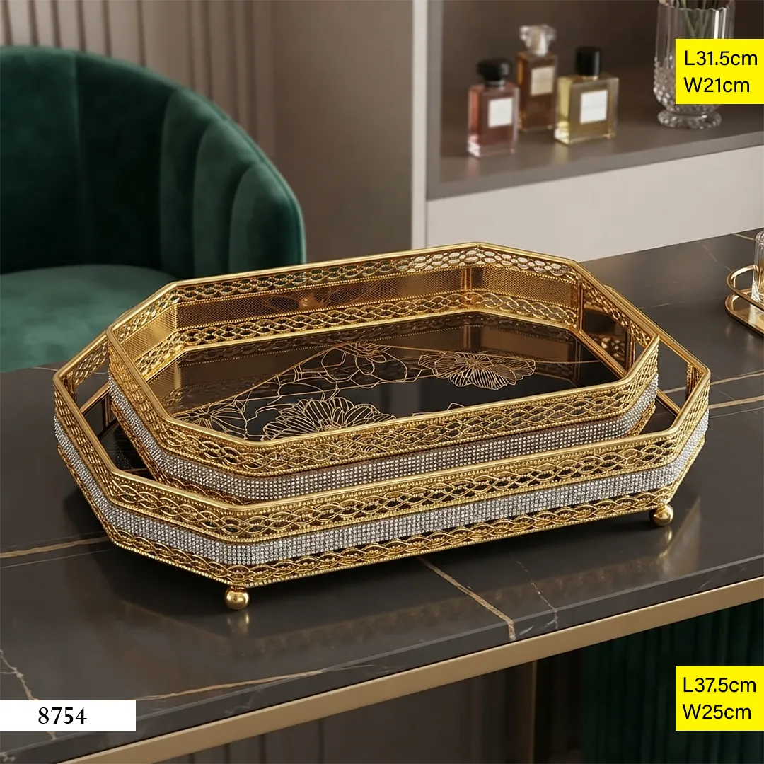 Ensemble de plateaux décoratifs octogonaux miroir et métal doré 8754 Ensemble de plateaux décoratifs octogonaux miroir et métal doré 8754