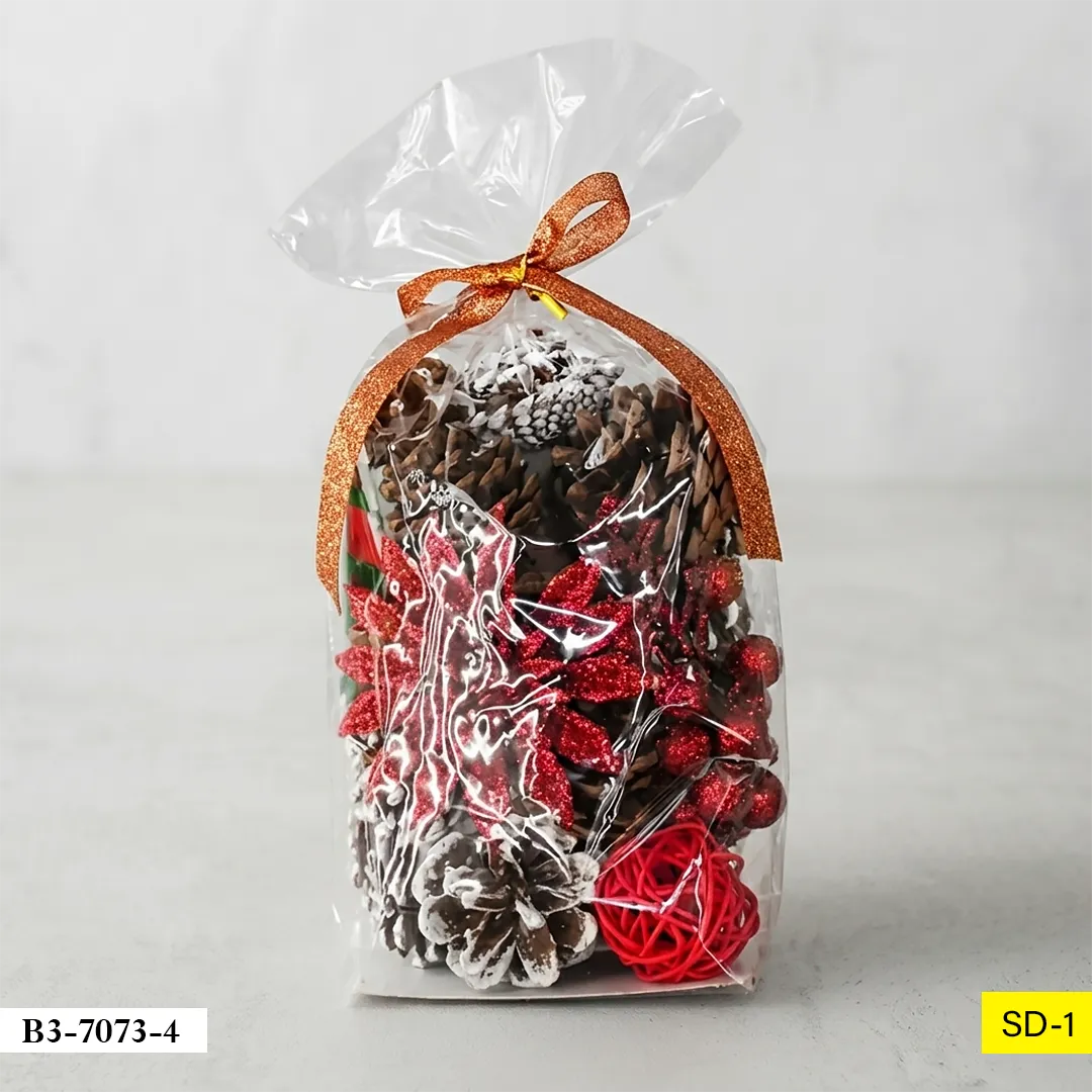 Achet en plastique transparent rempli de pommes de pin et éléments végétaux rouges avec nœud ruban bronze B3-7073-4 R Achet en plastique transparent rempli de pommes de pin et éléments végétaux rouges avec nœud ruban bronze B3-7073-4 R