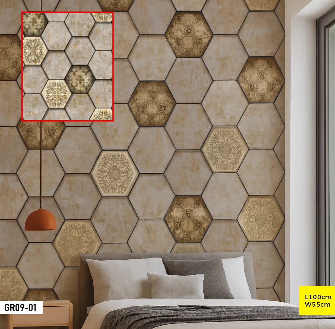 Papier peint hexagonal ornemental beige et brun GR09-01 Papier peint hexagonal ornemental beige et brun GR09-01