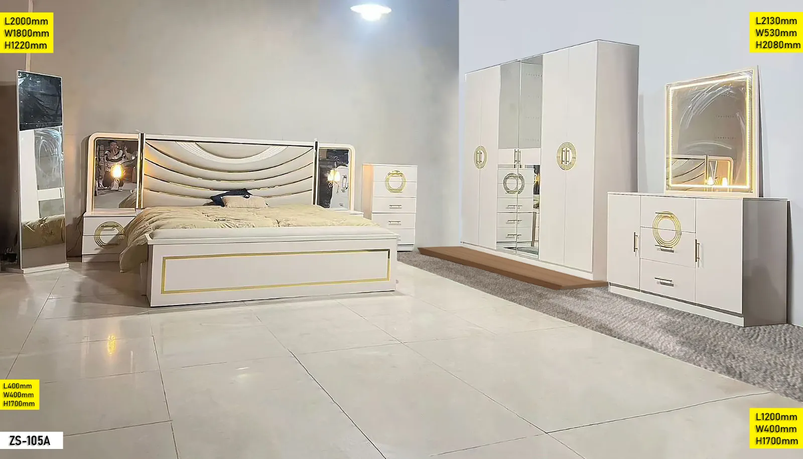 Chambre à coucher - zs-105a - en bois laqué blanc avec motifs dorés Chambre à coucher - zs-105a - en bois laqué blanc avec motifs dorés